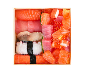 Japanese food. sushi and sashimi big set include salmon isolated on a white background.