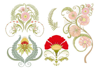 Decorative flowers and leaves in art nouveau style, vintage, old, retro style. Vector illustration. Clip art, set of elements for design