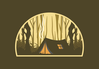 Camping tent in a dense forest flat illustration