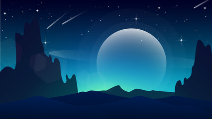 mountain background. fantasy walpaper for desktop. blue sky in night background. desert illustration in night with cliff background.