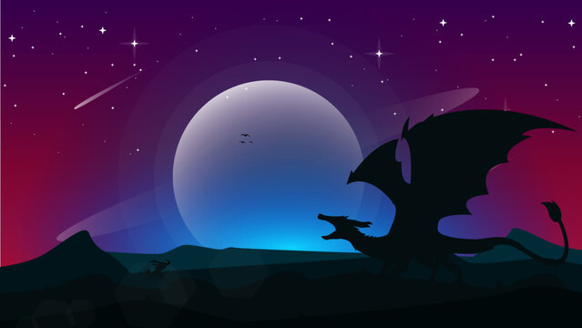 fantasy wallpaper with mythological animal. fantasy walpaper for desktop. dragon roars. blue sky in night background.