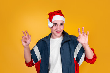 A handsome guy in the style of the 90s on a yellow background