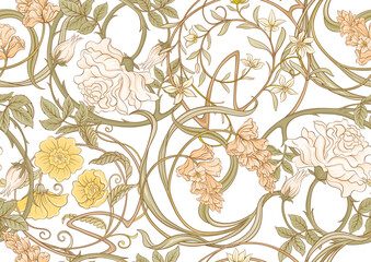 Decorative flowers and leaves in art nouveau style, vintage, old, retro style. Seamless pattern, background. Vector . In art nouveau style, vintage, old, retro style. - 558349063