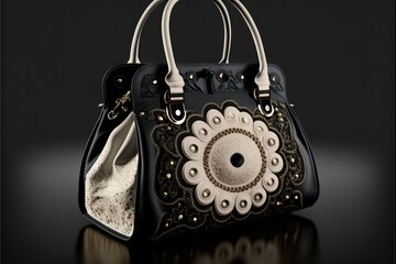 a black purse with a white flower on the front and a black background with a reflection of the purse on the back of the bag and a black background with a black background with a.