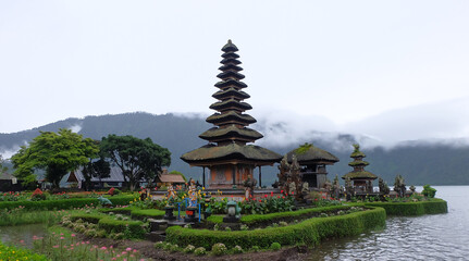 Fototapeta na wymiar A beautiful temple on Lake with mountains background