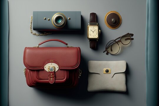 a collection of women's accessories including a watch, sunglasses, and a purse on a gray surface with a blue door in the middle of the image is a woman's hand.