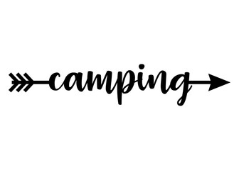 Logo destino de vacaciones. Letras de la palabra camping en texto manuscrito con forma de flecha