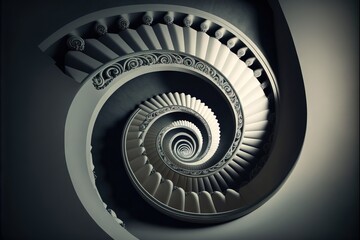 Fototapeta premium a spiral staircase in a building with a black and white photo of the top of the spiral stair case, with a black and white photo of the bottom part of the staircase in the background.