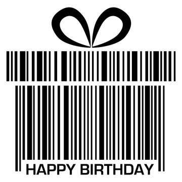 Logo aislado con texto Happy Birthday con c&oacute;digo de barras con l&iacute;neas con forma de caja de regalo con nudo de lazo