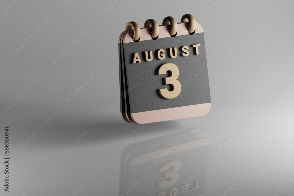Poster Standing black and golden month lined desk calendar with date August 3. Modern design with golden elements, 3d rendering illustration. White ceramic reflection background...
