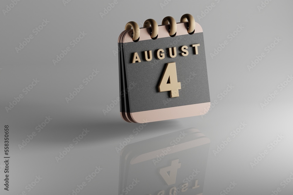Poster Standing black and golden month lined desk calendar with date August 4. Modern design with golden elements, 3d rendering illustration. White ceramic reflection background...