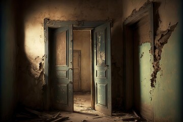 Fototapeta rickety dirty doors in dusty room of abandoned house obraz
