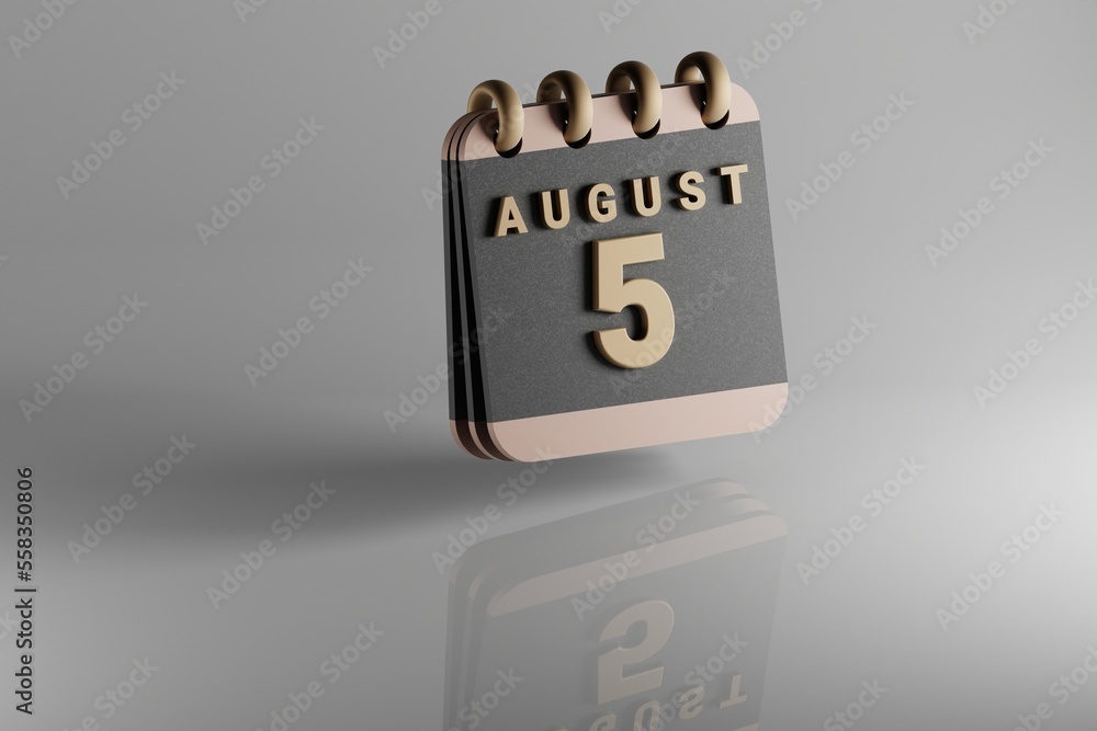 Poster Standing black and golden month lined desk calendar with date August 5. Modern design with golden elements, 3d rendering illustration. White ceramic reflection background...