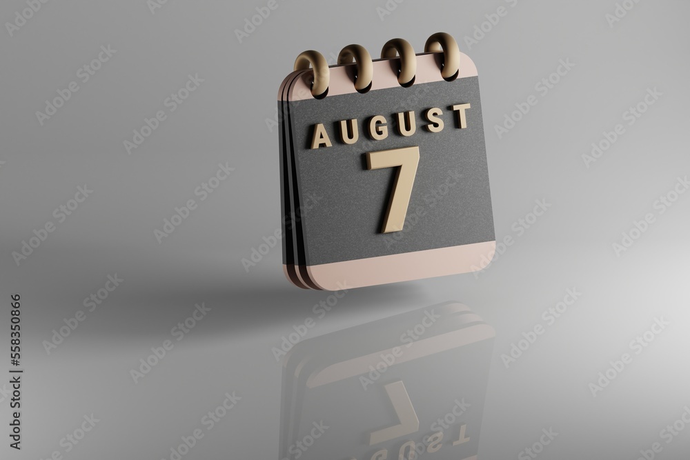 Poster Standing black and golden month lined desk calendar with date August 7. Modern design with golden elements, 3d rendering illustration. White ceramic reflection background...