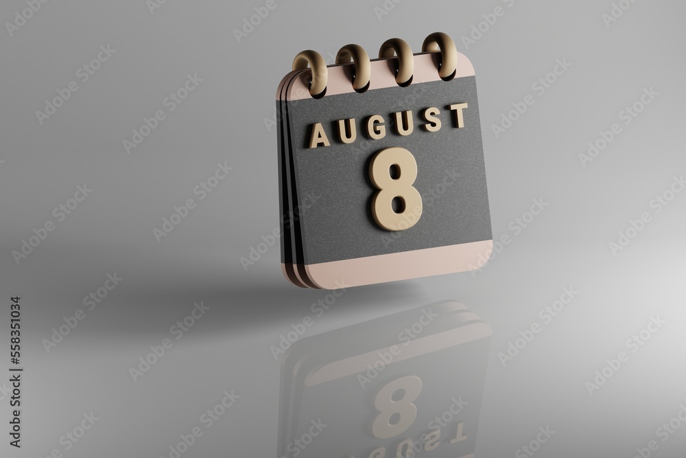 Aufkleber Standing black and golden month lined desk calendar with date August 8. Modern design with golden elements, 3d rendering illustration. White ceramic reflection background...