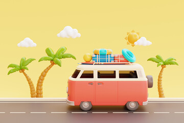Summer time concept with van and beach elements, inflatable ring, ball, surfboard and suitcase. holiday and vacation, 3d rendering.