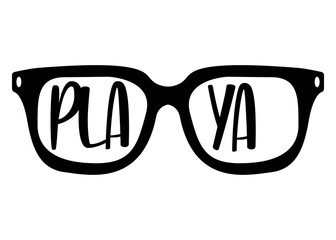 Logo destino de vacaciones. Silueta aislada de gafas de sol con palabra Playa en español en texto manuscrito