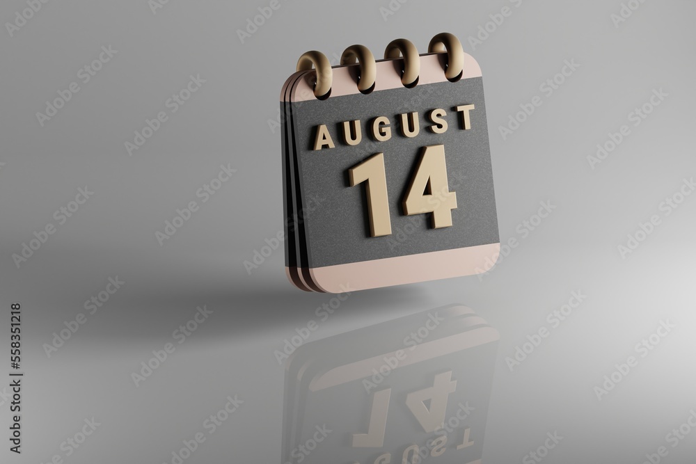 Poster Standing black and golden month lined desk calendar with date August 14. Modern design with golden elements, 3d rendering illustration. White ceramic reflection background...