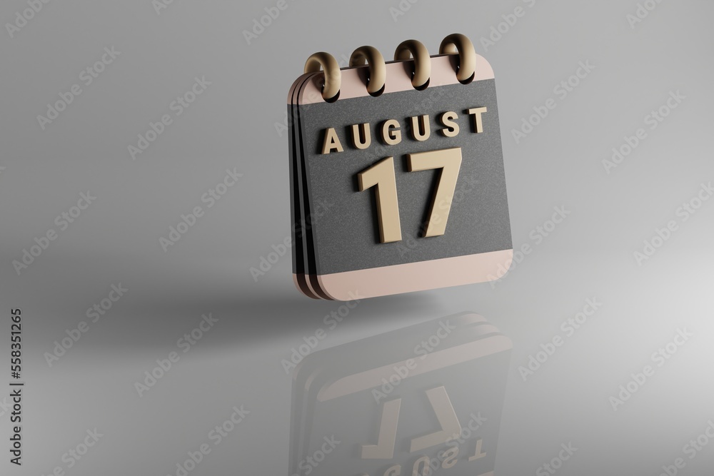 Poster Standing black and golden month lined desk calendar with date August 17. Modern design with golden elements, 3d rendering illustration. White ceramic reflection background...