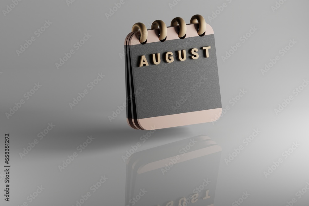 Poster Standing black and golden month lined desk calendar with date August. Modern design with golden elements, 3d rendering illustration. White ceramic reflection background...