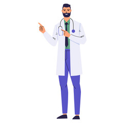Fototapeta premium Bearded doctor is pointing at something with the index fingers of both hands. Presents, demonstrates. A medical worker with a stethoscope and in a white coat. Smiling character isolated on white. Flat