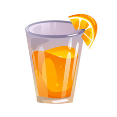 Orange juice in a glass isolated on a white background. Fresh squeezed juice with cut slice. Healthy food concept. Vector illustration  in cartoon style.
