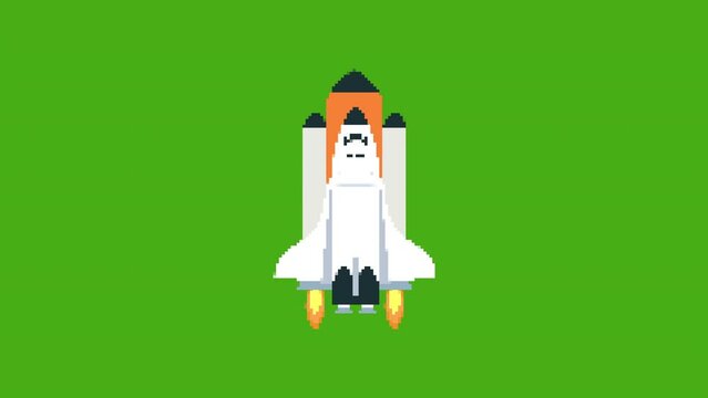 Pixel Shuttle fly on green background. pixel art looped animation. chroma key.