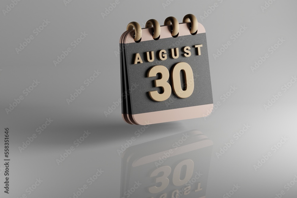 Poster Standing black and golden month lined desk calendar with date August 30. Modern design with golden elements, 3d rendering illustration. White ceramic reflection background...