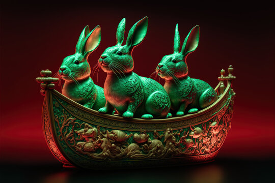 Generative AI of 3 horoscope rabbits sailing on a canoe concept for Happy Chinese new year 2023 the year of the water rabbit in China