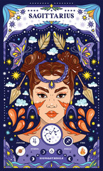 Sagittarius sign of the zodiac. Modern magical astrological map. Magical girl, stars, moon, constellation, hand-drawn signs. Vector illustration