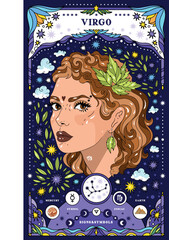 Virgo sign of the zodiac. Modern magical astrological map. Magical girl, stars, moon, constellation, hand-drawn signs. Vector illustration