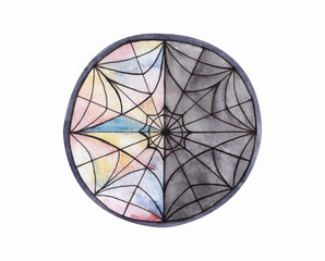 
Stained glass, geometric pattern in color and black and white, watercolor illustration isolated on a white background