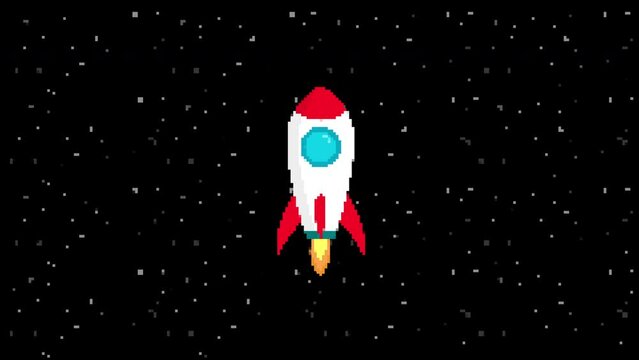 Pixel rocket in space animation. pixel art looped animation. Spacecraft flying in dark galaxy computer game video.