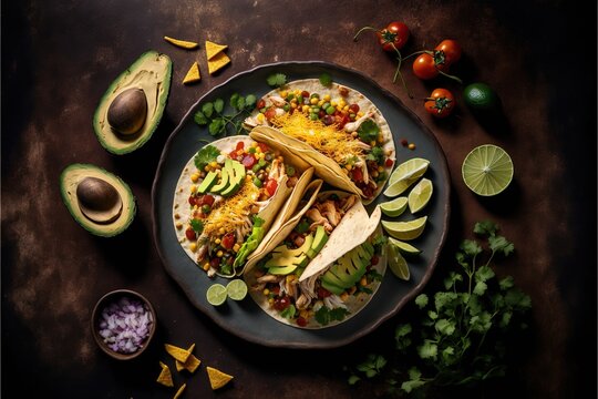 a plate of mexican food with avocado, tomatoes, and corn on a brown table with other food and condiments around it, including a tortills and avocados.