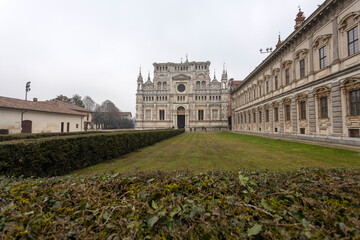 PAVIA, ITALY, DECEMBER 28, 2022 - View of Certosa of Pavia, Monastery of Santa Maria delle Grazie,...
