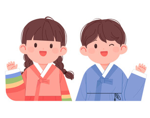 Cute boy and girl couple wearing Hanbok, Korean traditional costume. Two cute kids are saying hello.