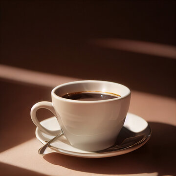 cup of coffee with rays of sunlight on the table in brown tones