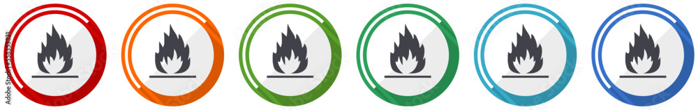 Poster flame icon set, flat design vector illustration in 6 colors options for webdesign and mobile applica