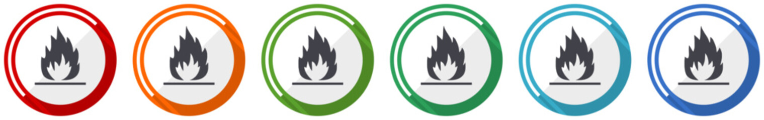 Flame icon set, flat design vector illustration in 6 colors options for webdesign and mobile applications