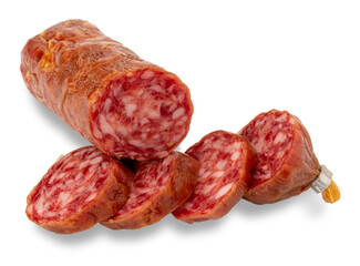 Sliced salami sausage cut out on transparent
