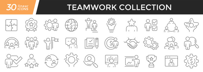 Fototapeta na wymiar Teamwork linear icons set. Collection of 30 icons in black