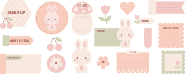 Cute digital note papers and stickers for bullet journaling or planning. Kawaii bunny, flower, cherry. Ready to use digital stickers for digital planner. Vector art.