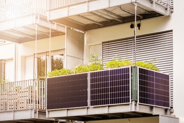 Modern Balcony with Solar Panels of Modern Facade Apartment Building. Mini Solar  System Energy of Apartments.