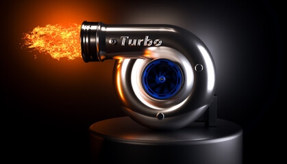 Turbocharger with a fire on dark background with blue spin 3D rendering
