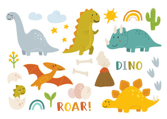 Collection of cute baby dinosaurs. Hand drawn brontosaurus, tyrannosaurus, pterodactyl, triceratops, stegosaurus. Set of flat cartoon vector illustrations isolated on white background