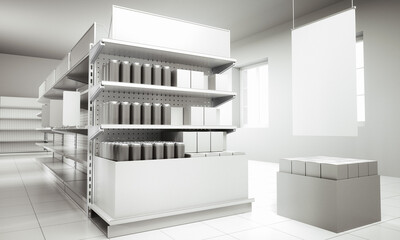Box with products, packages mockup, Shelves in supermarket, Banner hangging in store, 3D rendering	
