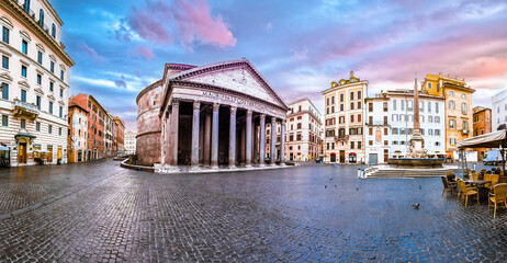 Piazza della Rotonda square and Pantheon panoramic dawn view