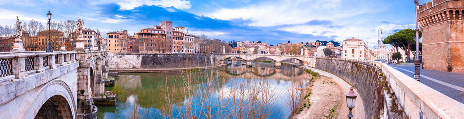 Fototapeta na wymiar Rome Tiber river and Sant Angelo bridge panoramic view