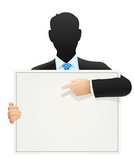 Solid businessman in suit pointing to sign PNG illustration