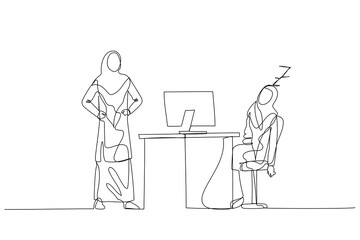 Cartoon of muslim woman falling asleep at work time get caught by boss concept of slacking off. Single line art style